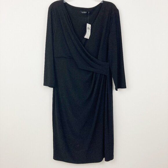 NWT Lauren Ralph Lauren Black Faux Wrap Dress Size 16 Surplice 3/4 Sleeve - Picture 1 of 10